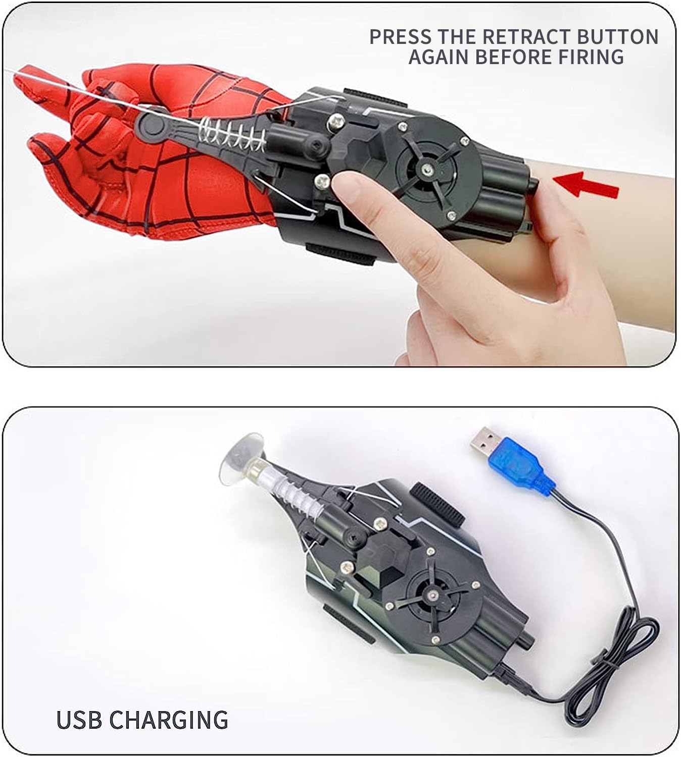 QHJIU Spider Web Shooter in hand during pretend hero adventures at home.