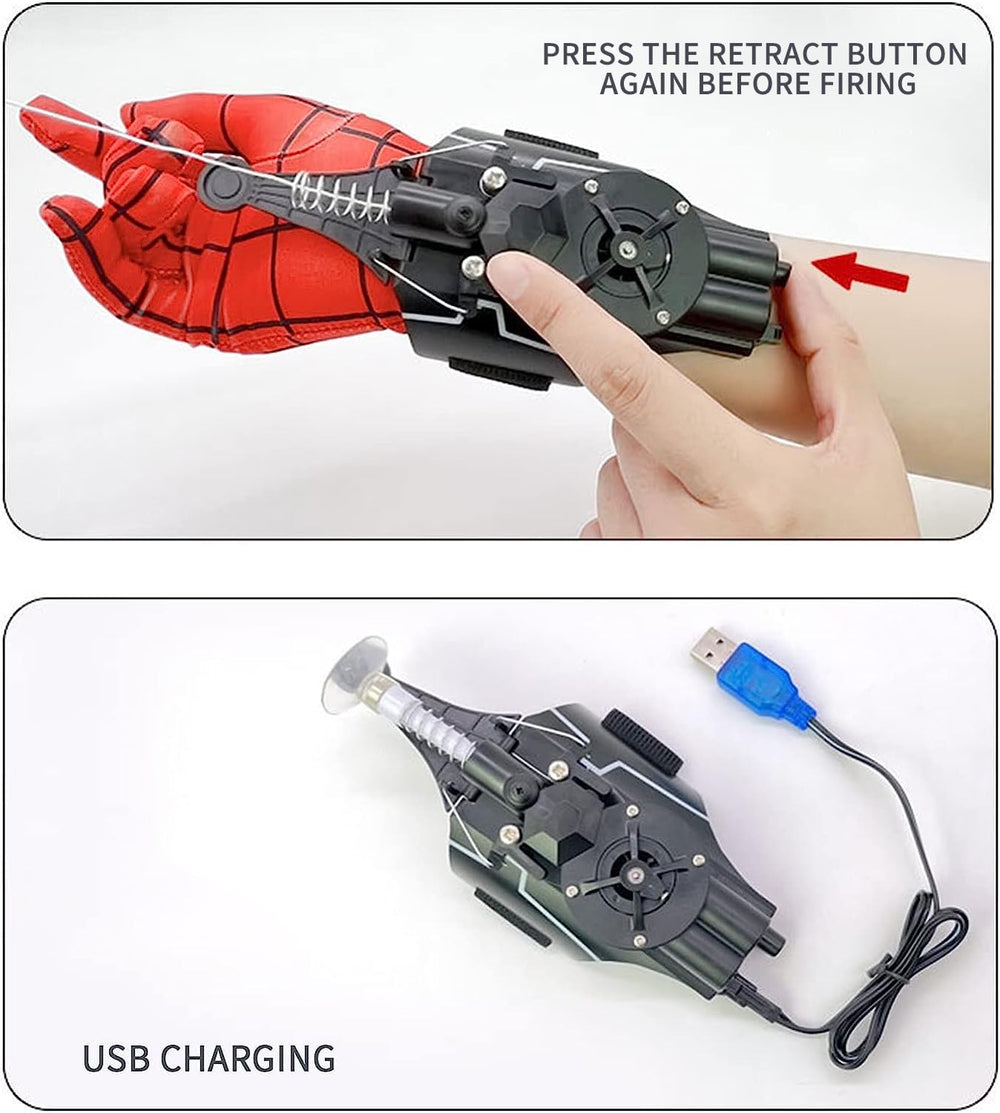 QHJIU Spider Web Shooter in hand during pretend hero adventures at home.