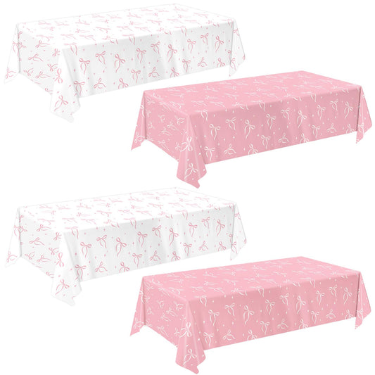 QIYANPAX pink bow tablecloths provide full coverage for standard tables during parties.