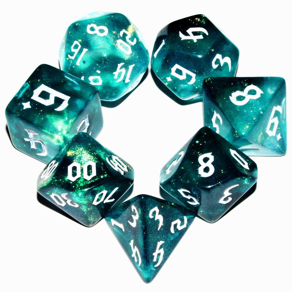 QiAN SiMAi Galaxy Dice Set in dark green and cyan glitter for immersive tabletop sessions.
