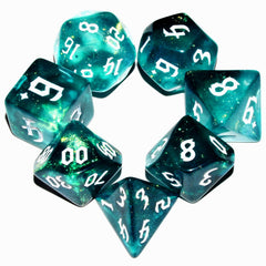 QiAN SiMAi Galaxy Dice Set in dark green and cyan glitter for immersive tabletop sessions.