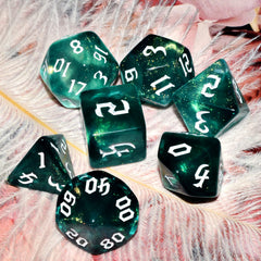 QiAN SiMAi Galaxy Dice Set in use during a DND session for decisive rolls.