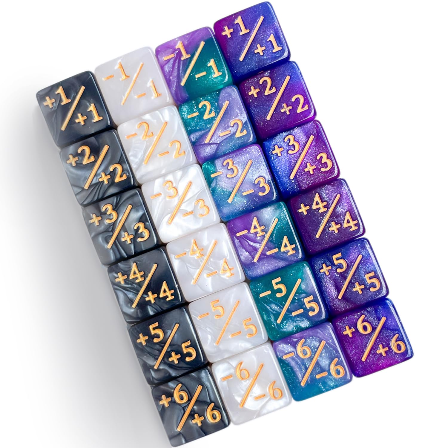 QiAN SiMAi 24-piece galaxy purple-green counter dice for easy token tracking during games.