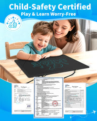 QIAOBUQI 20-inch LCD writing tablet side view shows space-saving, sturdy design for kids and adults