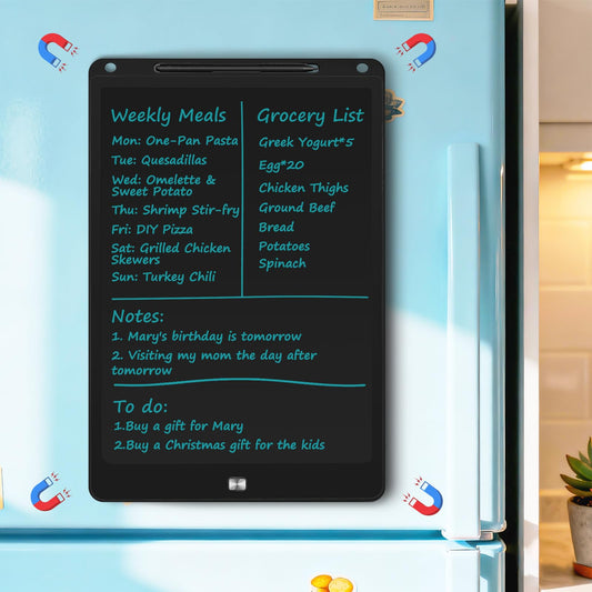 QIAOBUQI fridge-magnetic LCD tablet with a large drawing area for lists.
