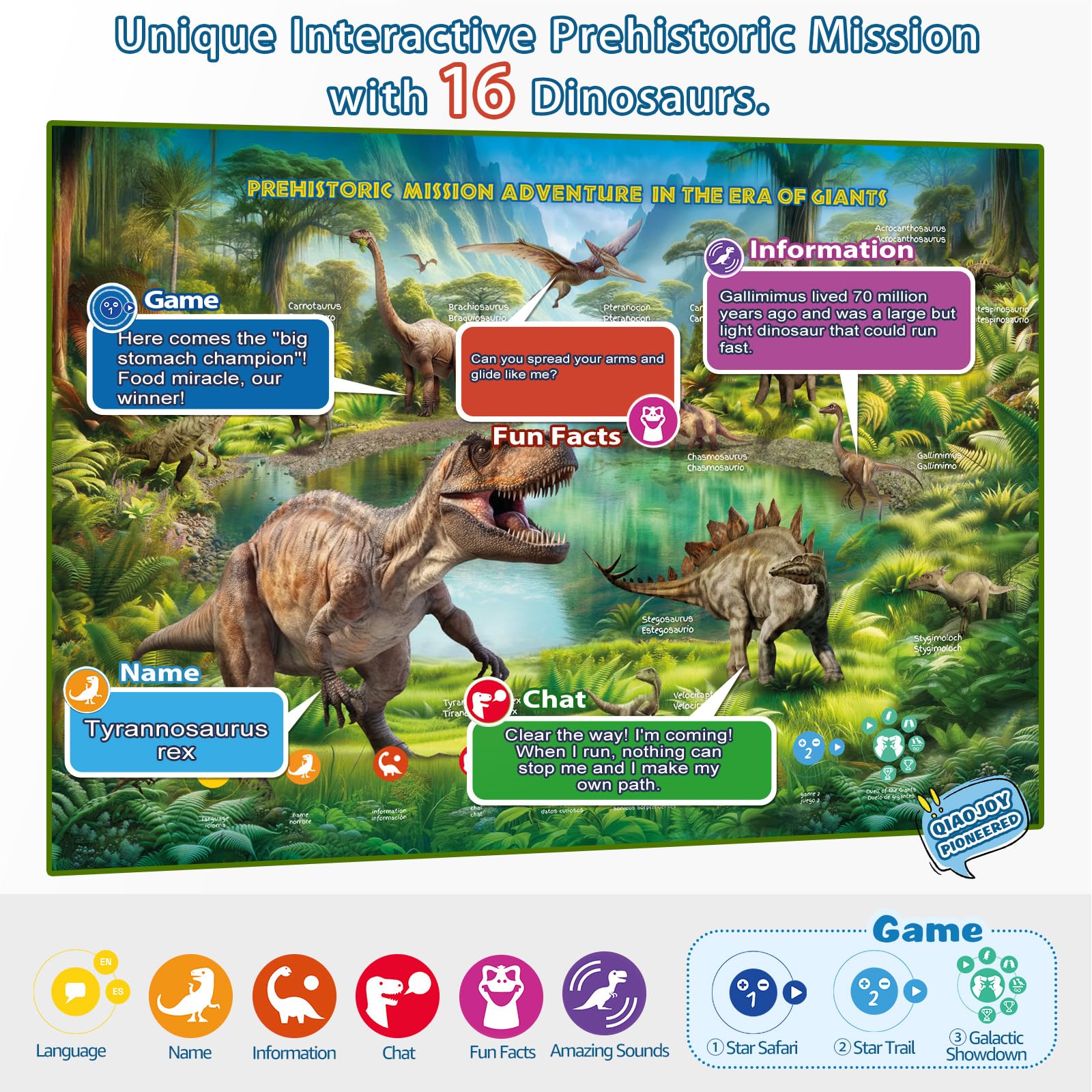 Qiaojoy bilingual mode display shows English and Spanish support for inclusive learning