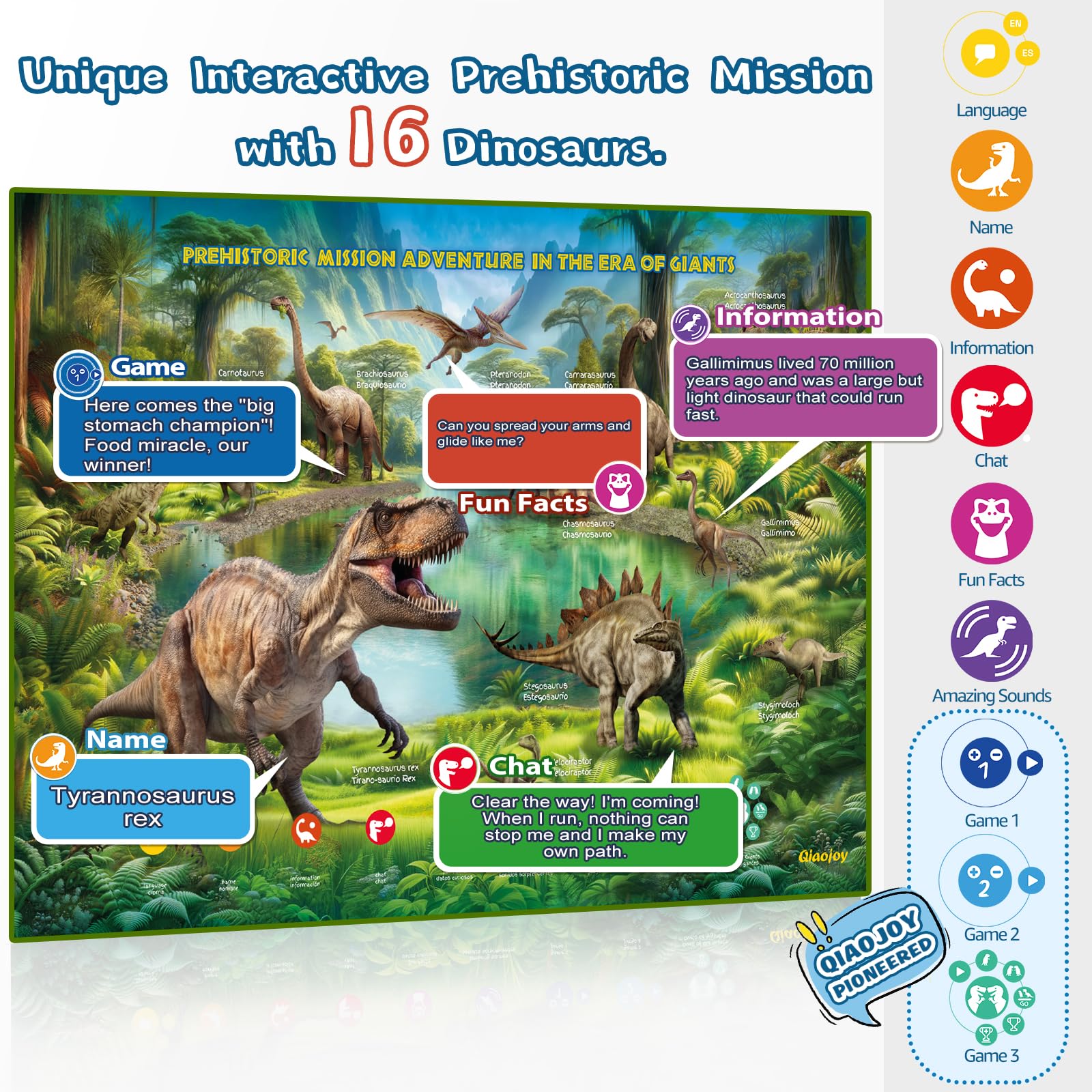 Qiaojoy dinosaur poster showcases sixteen species with immersive sounds