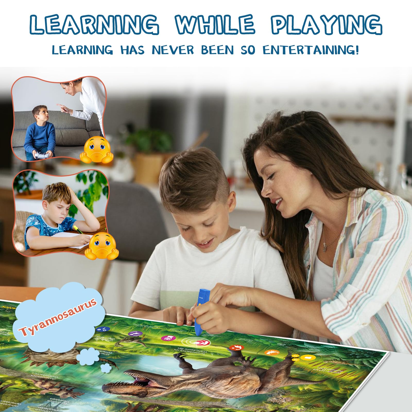 Qiaojoy dinosaur poster features three games to boost memory and problem solving