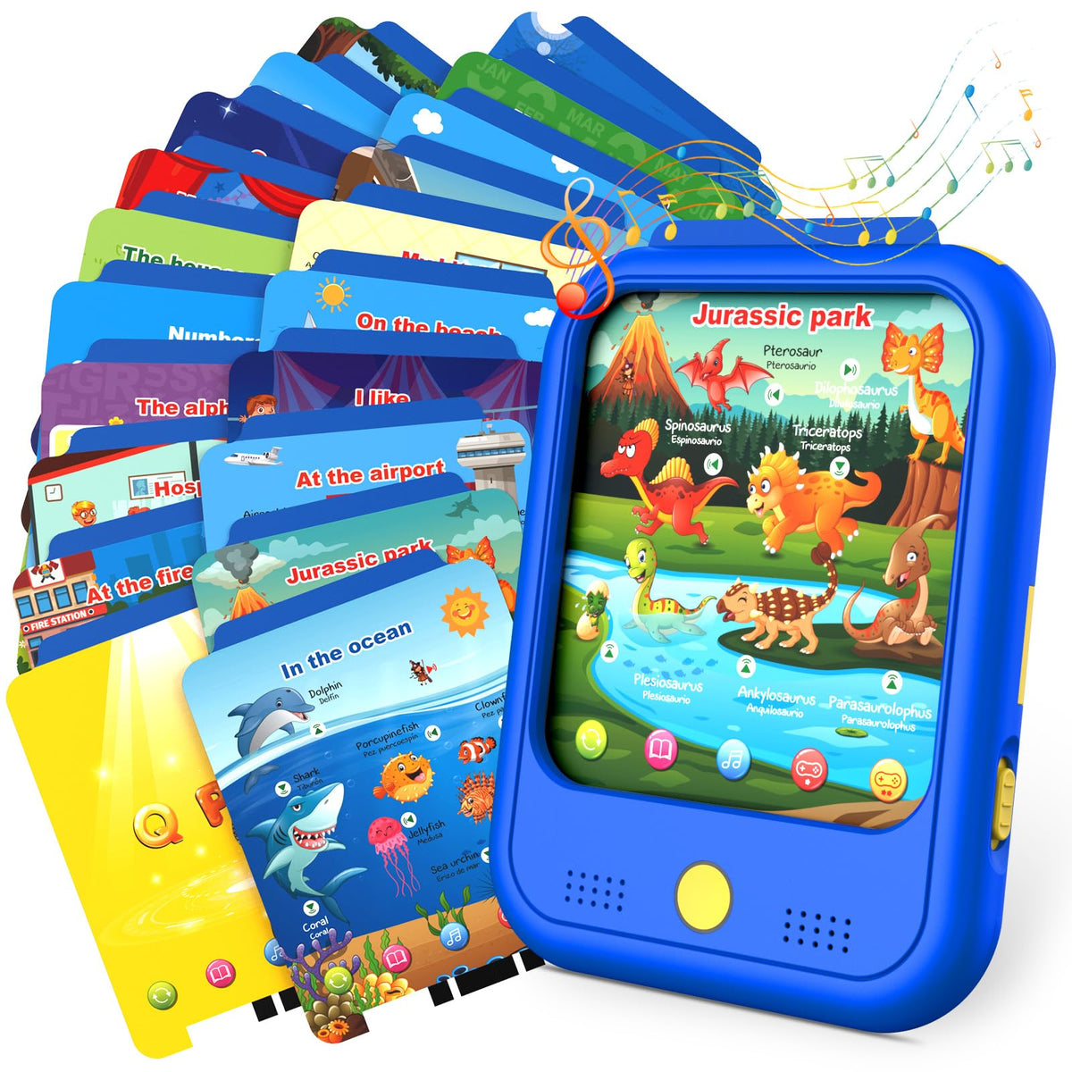 Qiaojoy Kids Learning Tablet shows language-switch feature for bilingual play and learning.