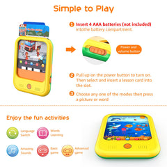 Qiaojoy language switch enables English and Spanish learning.