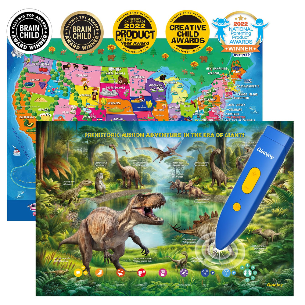 Qiaojoy USA map dinosaur poster front view for curious learners
