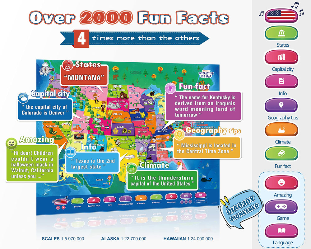 Qiaojoy V2 US map icons teach states, capitals, and fun facts