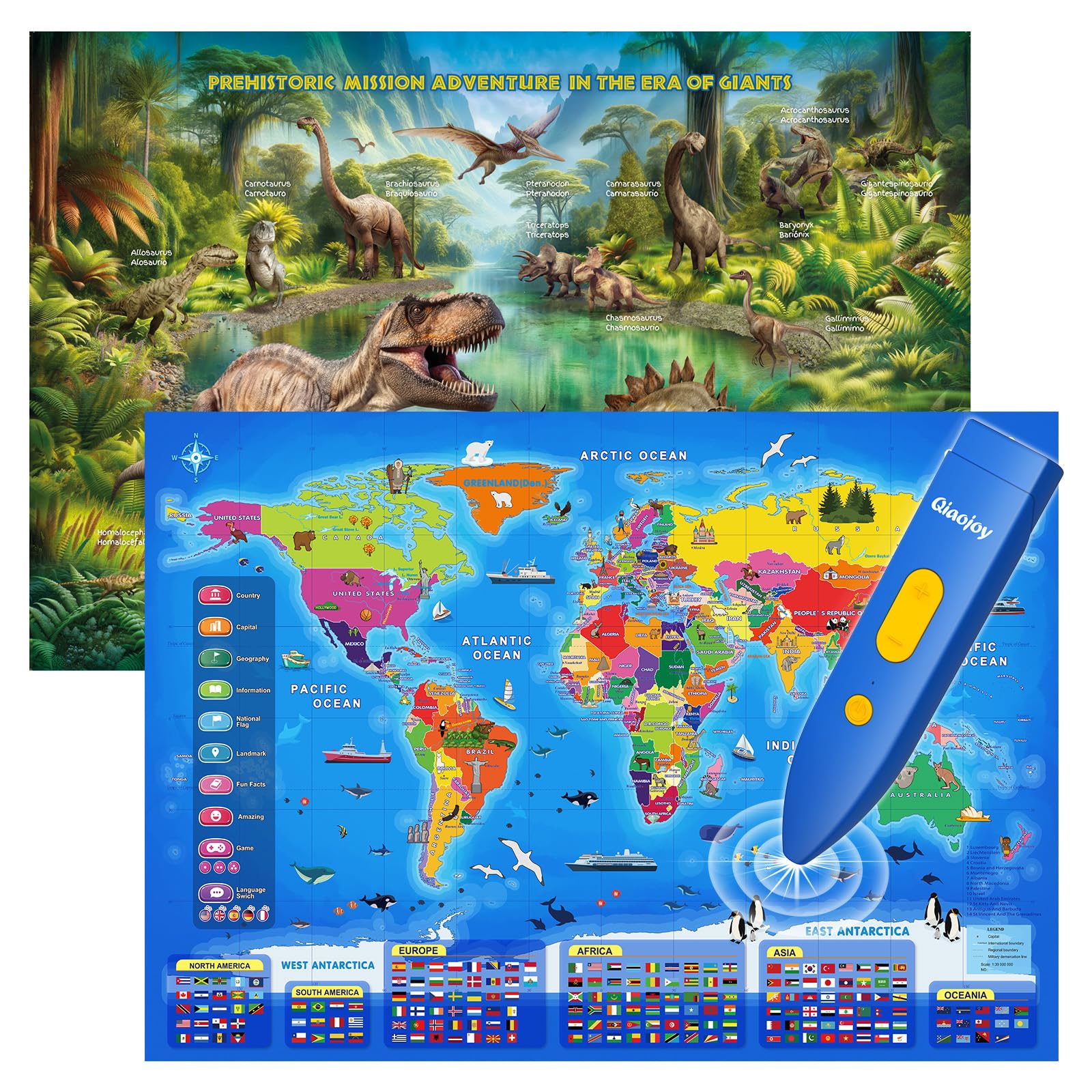 Qiaojoy world map and dinosaur poster interactive helps kids explore geography through storytelling