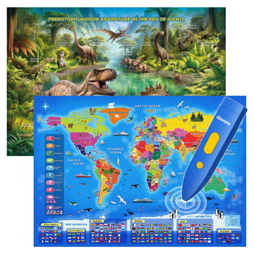 Qiaojoy world map and dinosaur poster interactive helps kids explore geography through storytelling