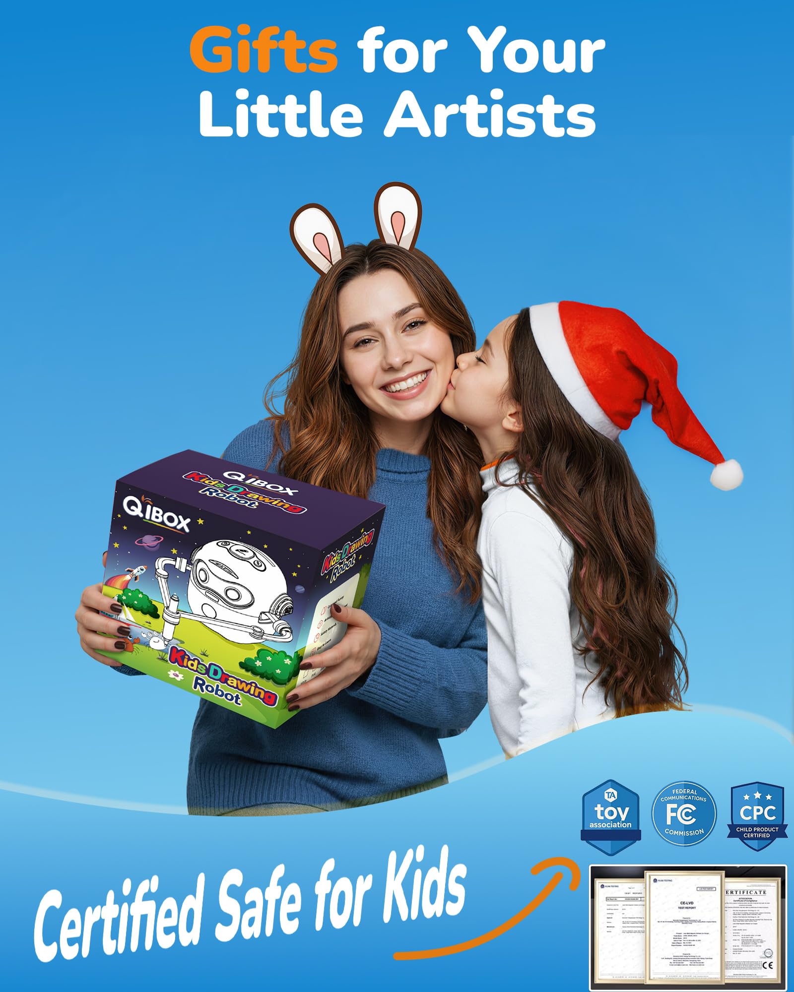 Complete gift set includes robot, cards, markers, and board.