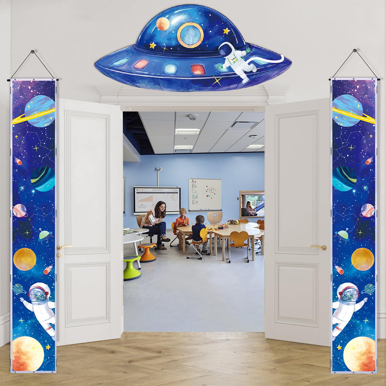 QICI outer space banner classroom backdrop for a themed study area.