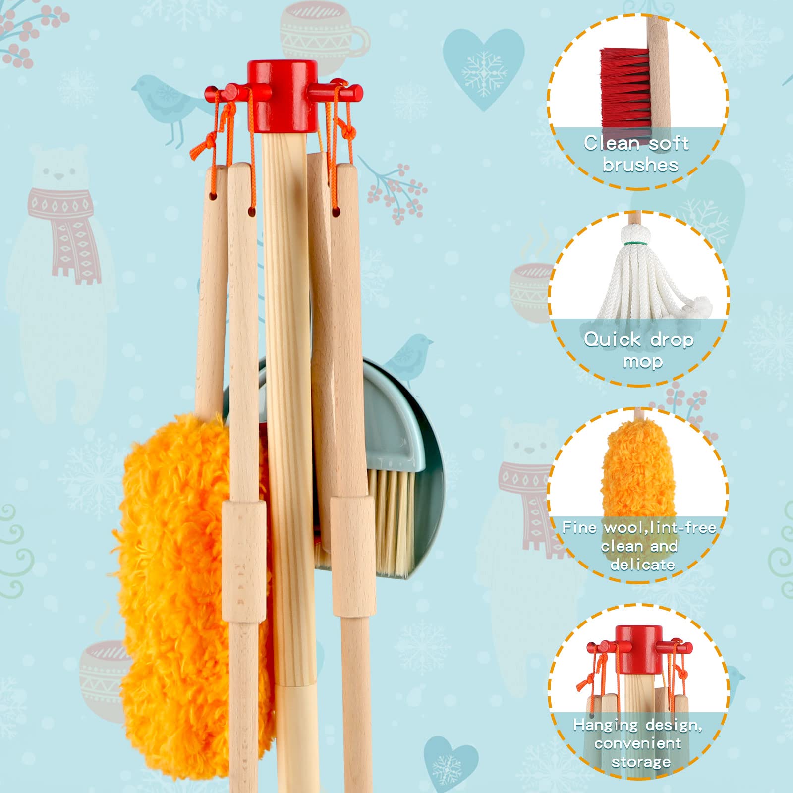 Qilay wooden dustpan for kids, toddler-friendly cleanup pretend play