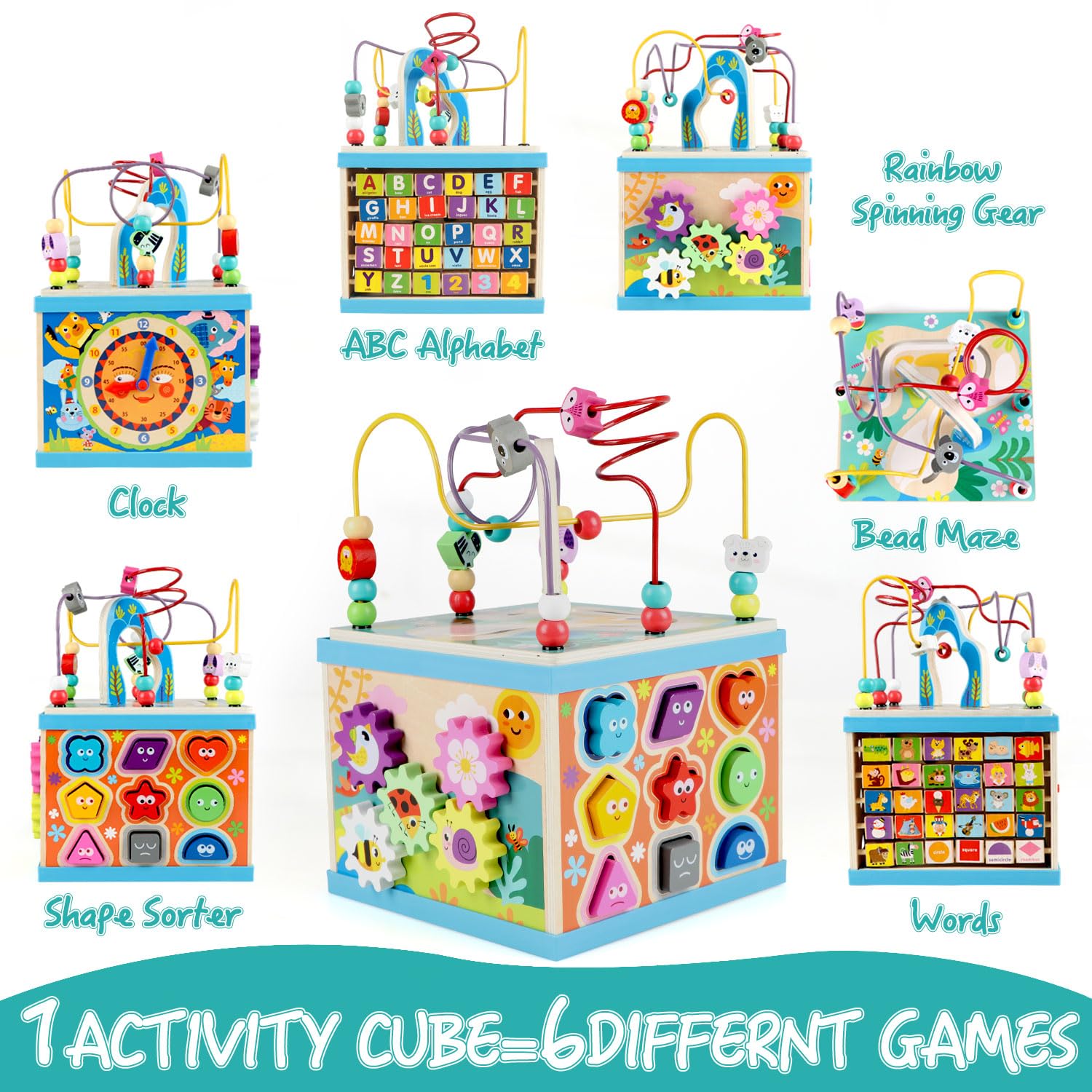 Qilay wooden activity cube ABC-123 abacus section promotes early number recognition and counting.