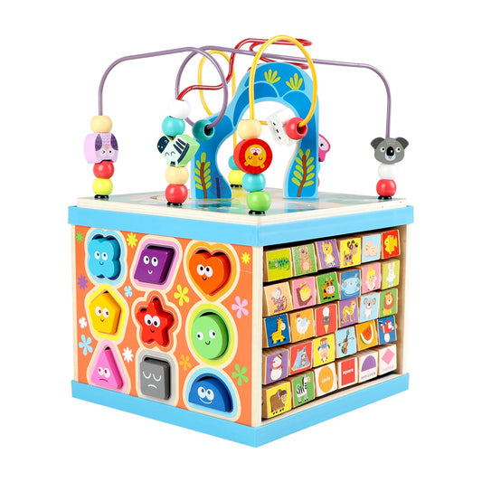 Qilay wooden activity cube with bead maze front encourages fine motor skills and imaginative play.