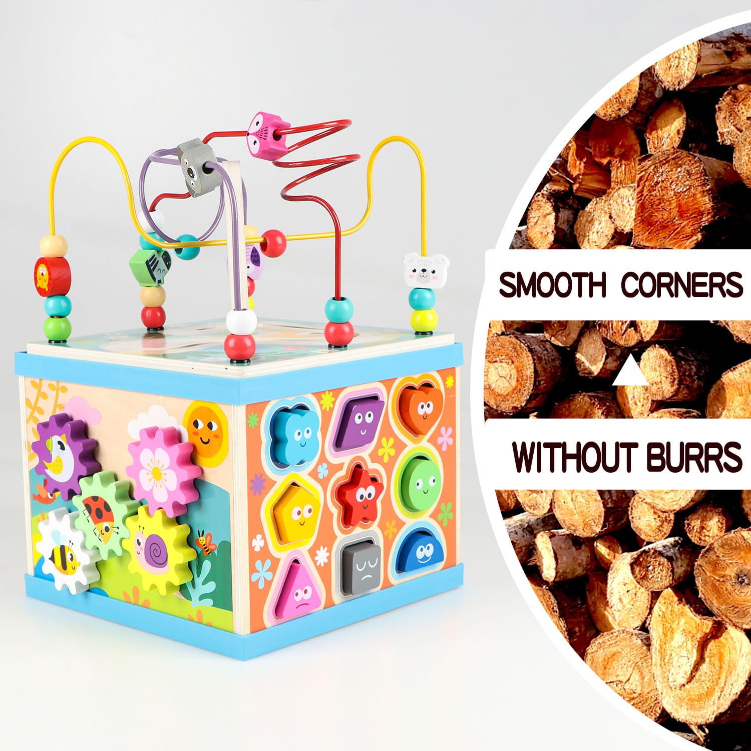 Qilay wooden activity cube shape sorter helps color, shape, and pattern recognition.