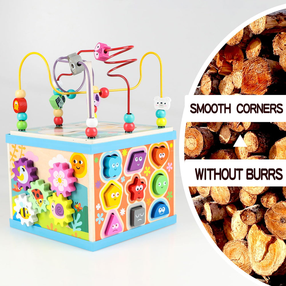 Qilay wooden activity cube shape sorter helps color, shape, and pattern recognition.