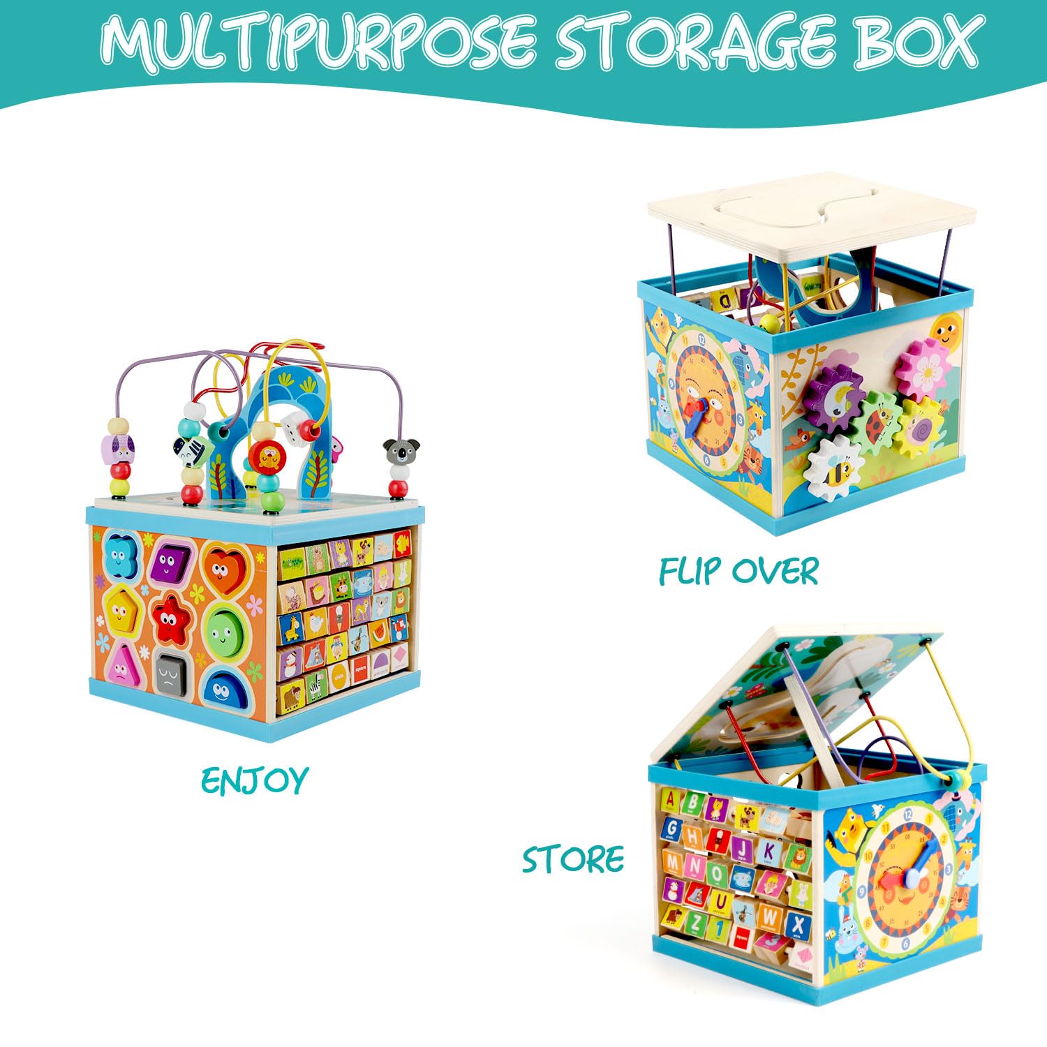 Qilay wooden activity cube spinning gear smooth rotation supports hand-eye coordination.