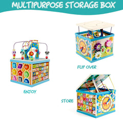 Qilay wooden activity cube spinning gear smooth rotation supports hand-eye coordination.