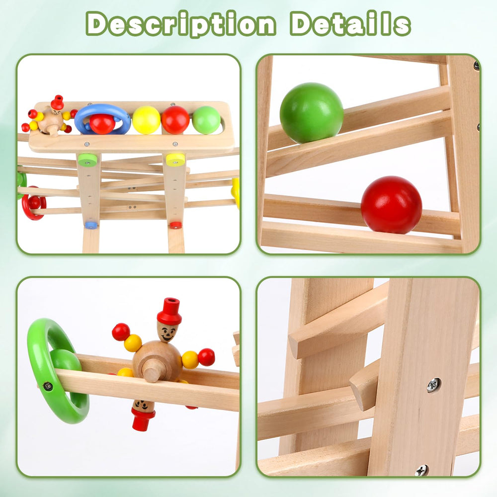 Qilay wooden ball rolls along the track, inviting cause-and-effect exploration.