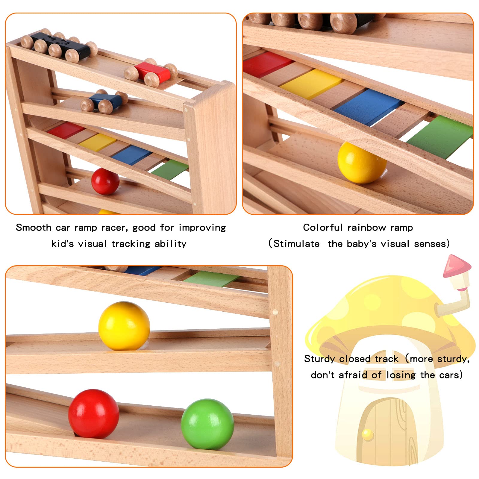 Qilay wooden balls set adds tactile fun and rolling action.