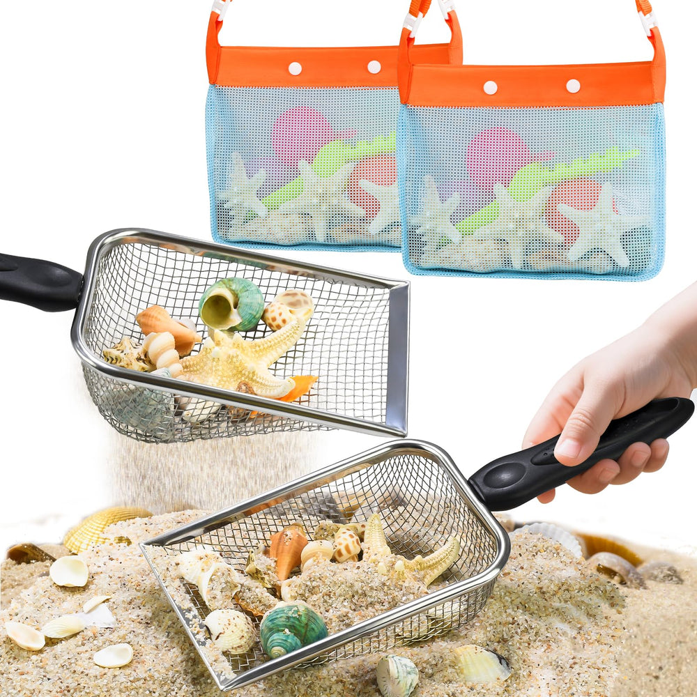 QINGLER beach mesh shovel sifter in action helping kids filter sand and reveal shells