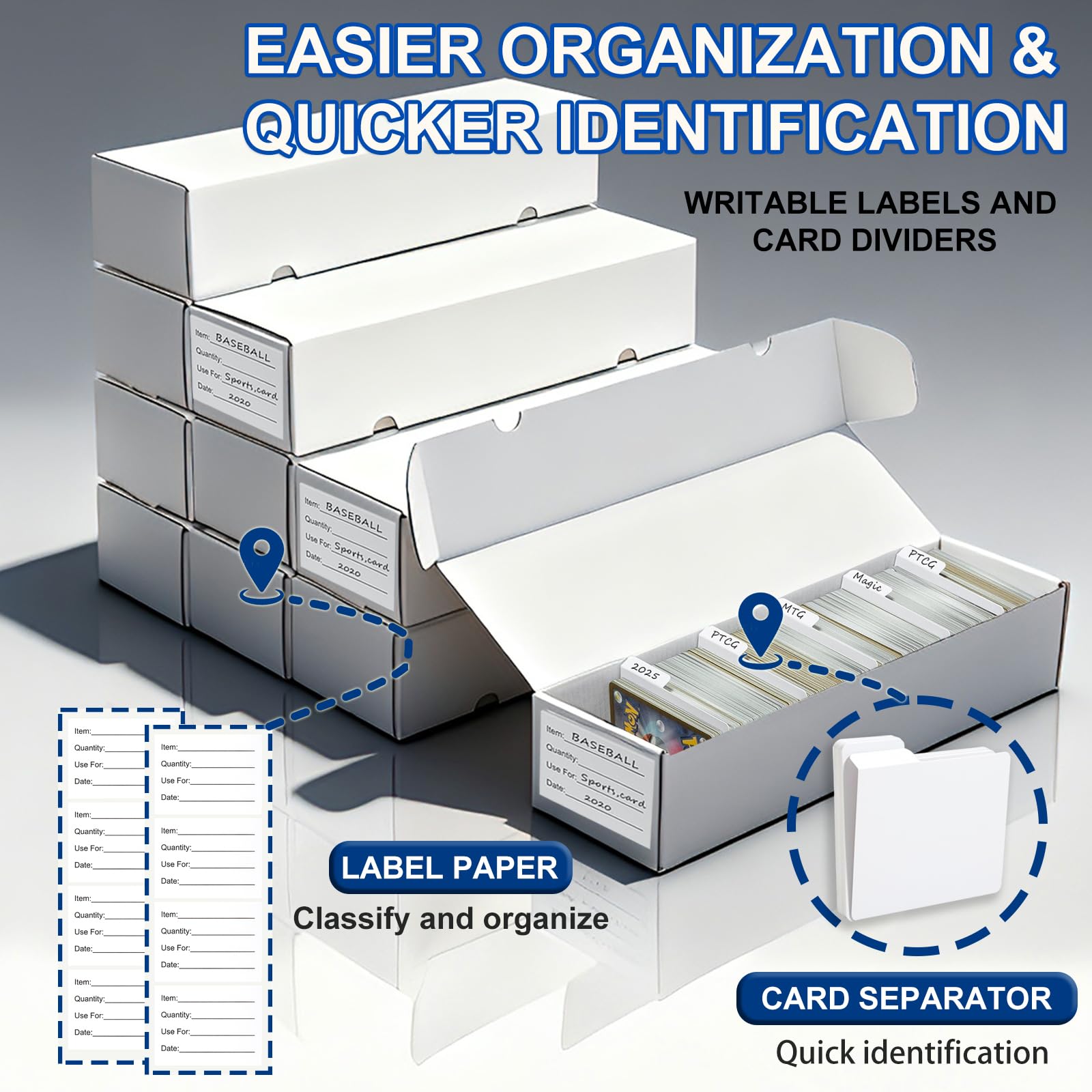 QINGUANG stackable card storage on a shelf for organized collections