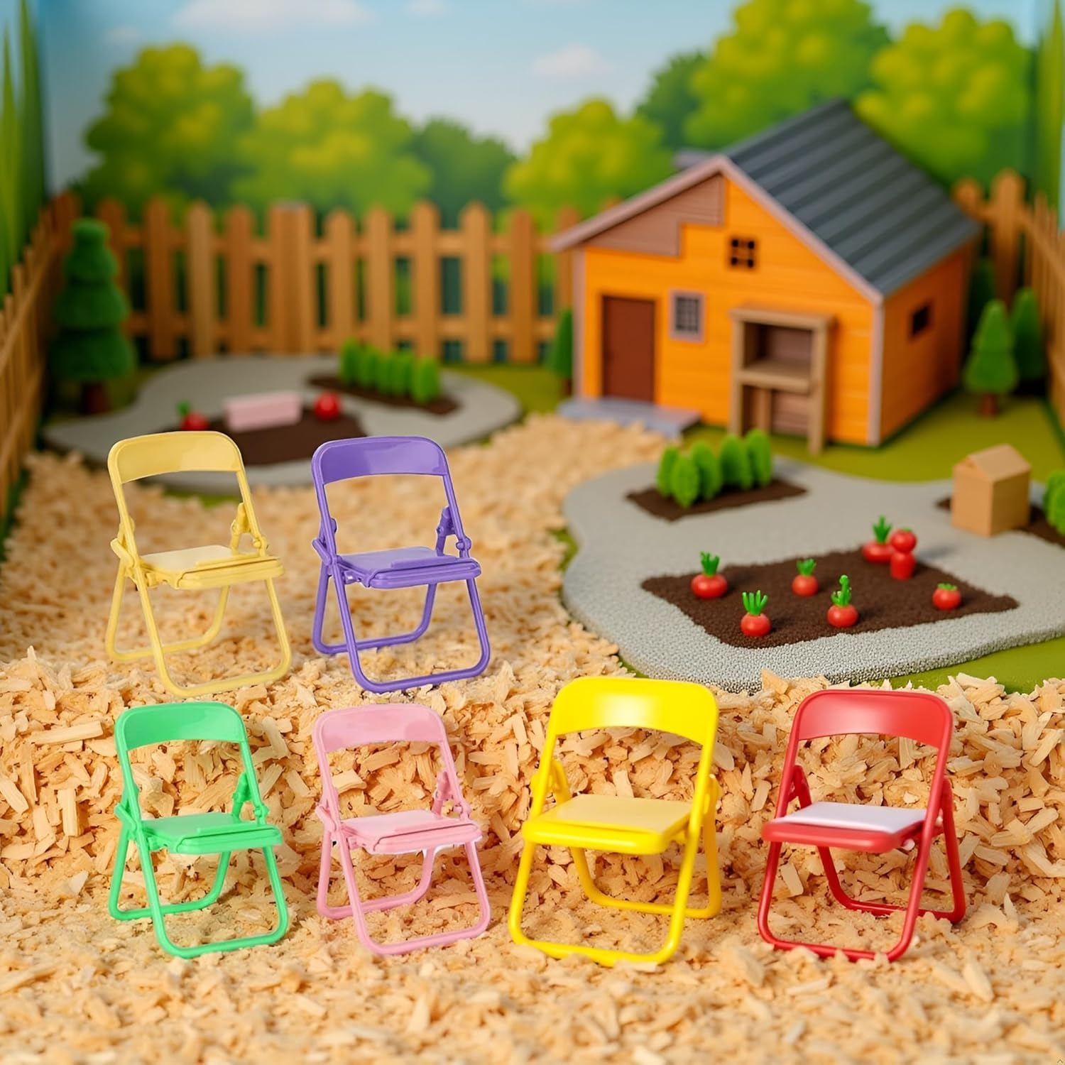 Qintreesify foldable-back miniature chairs improve easy rearrangement in dollhouse scenes.