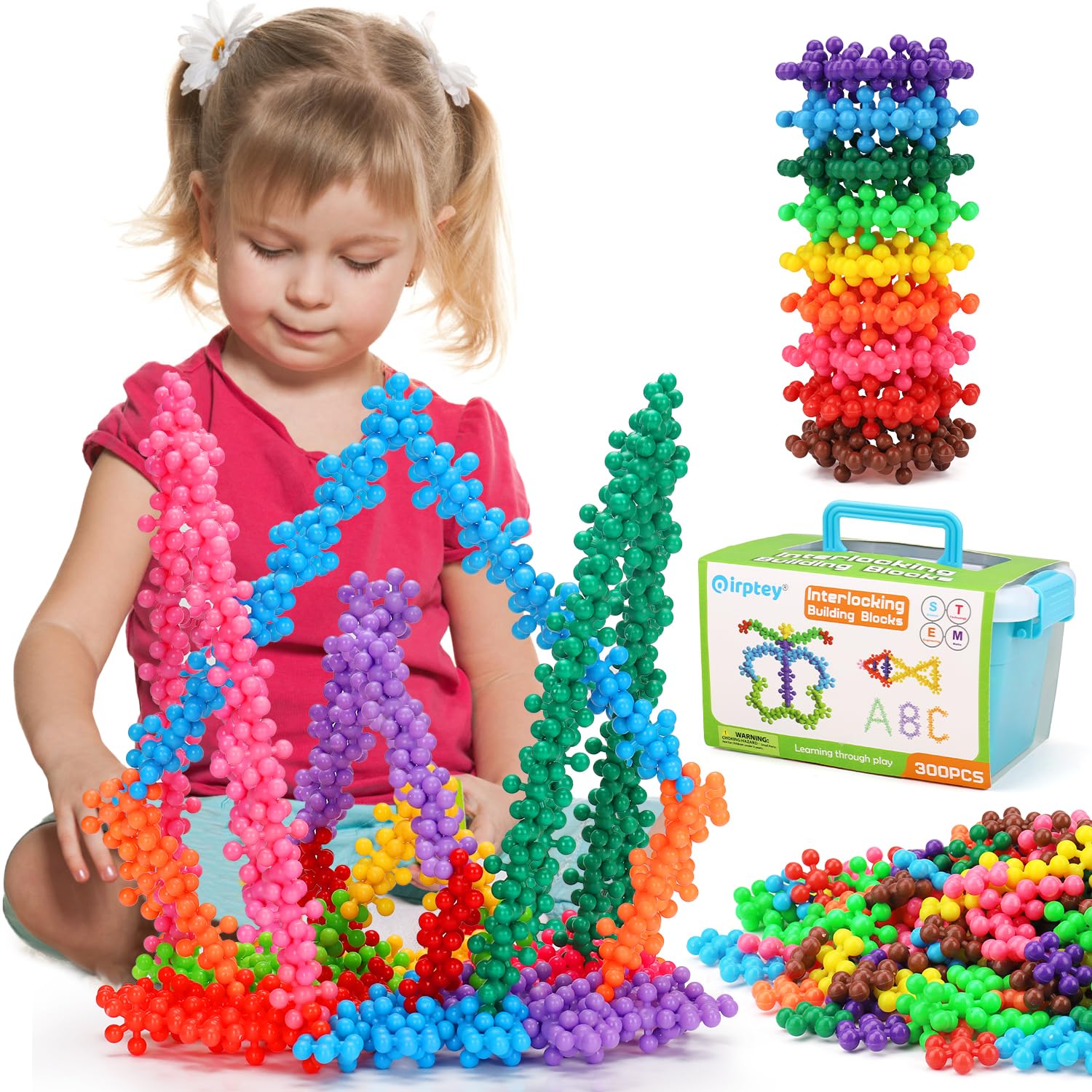 Qirptey 300-piece blocks assembly close-up supports creative STEM building.