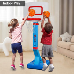 Qirptey adjustable-height hoop showing 2.3 to 4.5 feet for growing kids.