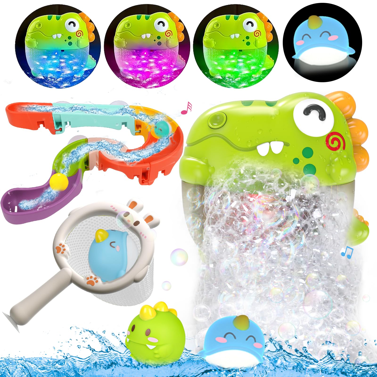 Qirptey bath bubble maker dinosaur lights up for engaging bath time.