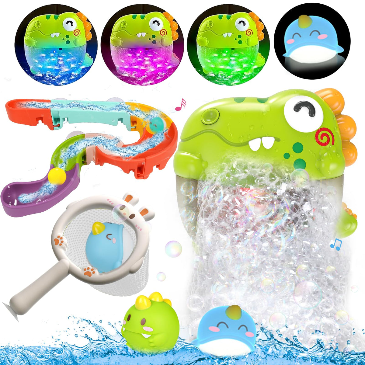 Qirptey bath bubble maker dinosaur lights up for engaging bath time.