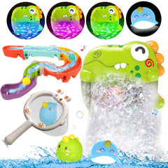Qirptey bath bubble maker dinosaur lights up for engaging bath time.