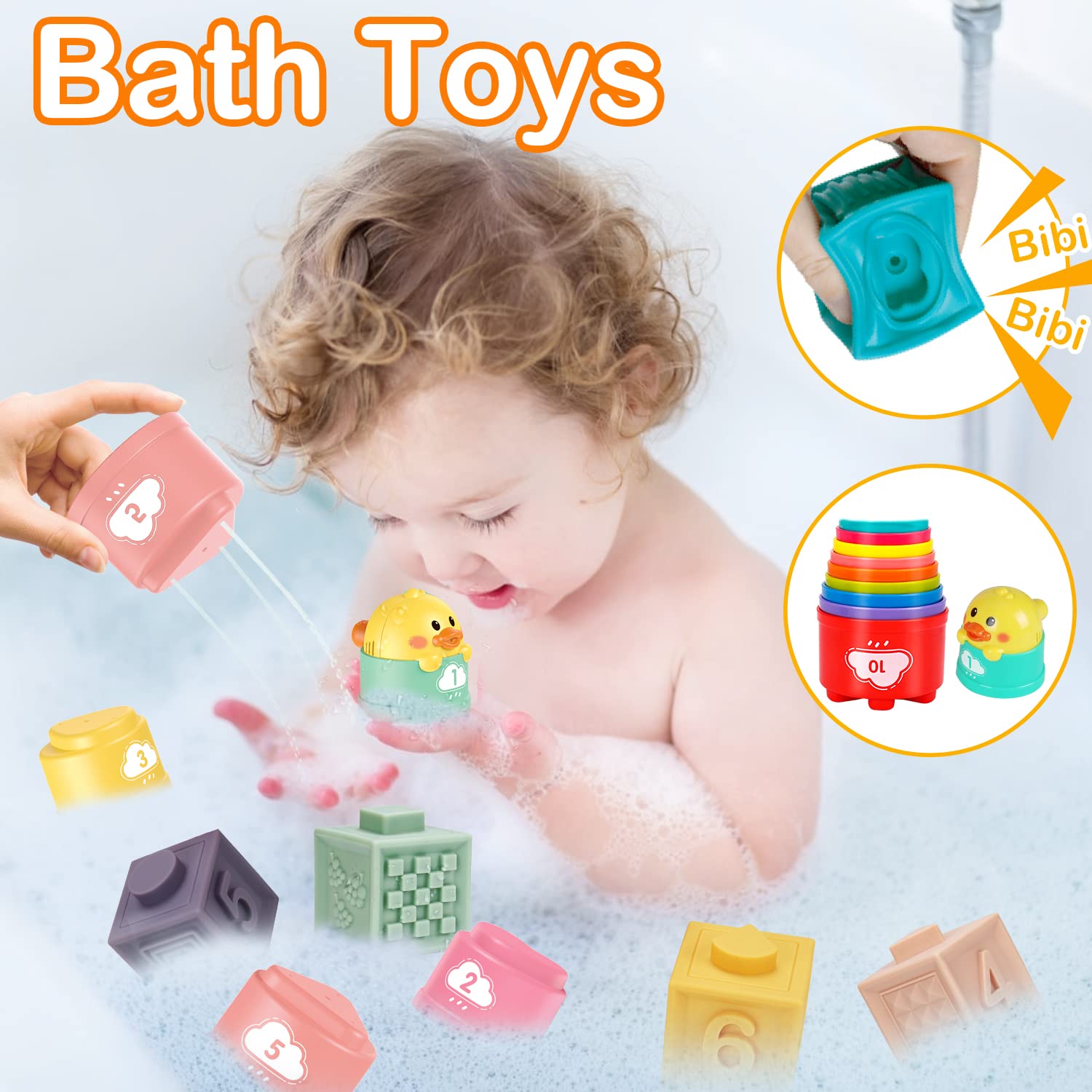 Qirptey bath toys invite water play and sensory exploration.