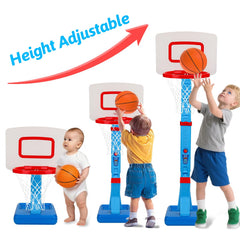 Qirptey poolside basketball hoop in sunny pool area for water friendly play.