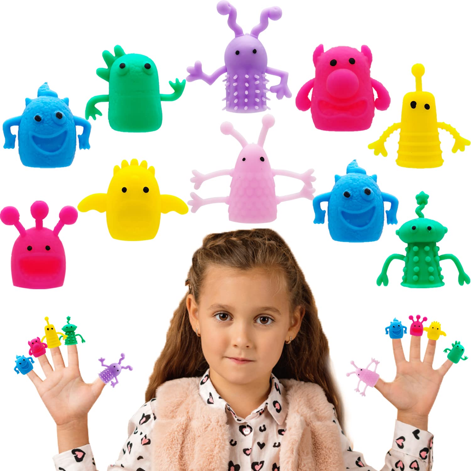 Qiuttnqn monster stretchy finger puppets set cover with 20 cute puppets for playful storytelling.