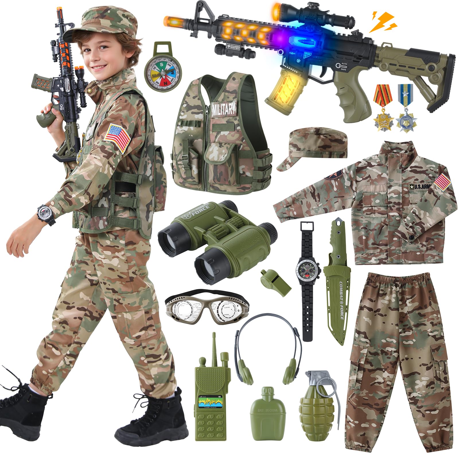 Qivbicy army costume front view shows an all in one dress up set for imaginative play