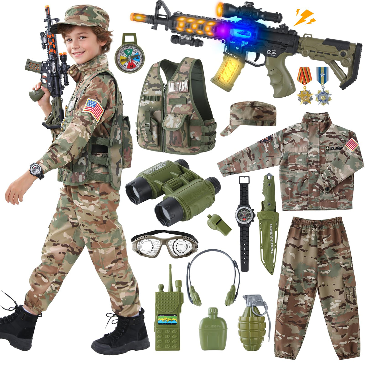Qivbicy army costume front view shows an all in one dress up set for imaginative play
