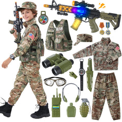 Qivbicy army costume front view shows an all in one dress up set for imaginative play
