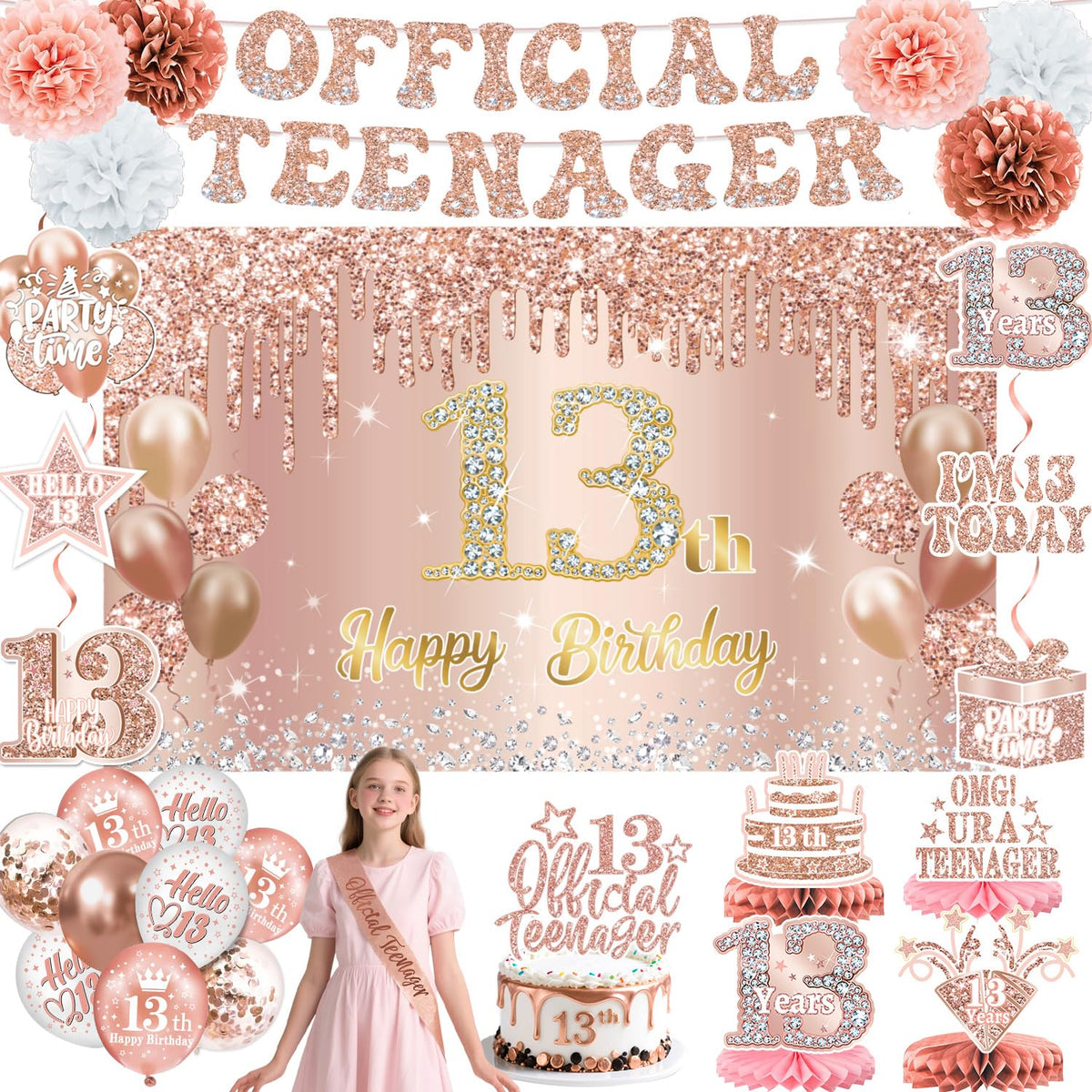Qiyanpax 13th birthday banner enhances the party entrance with cohesive rose gold styling.
