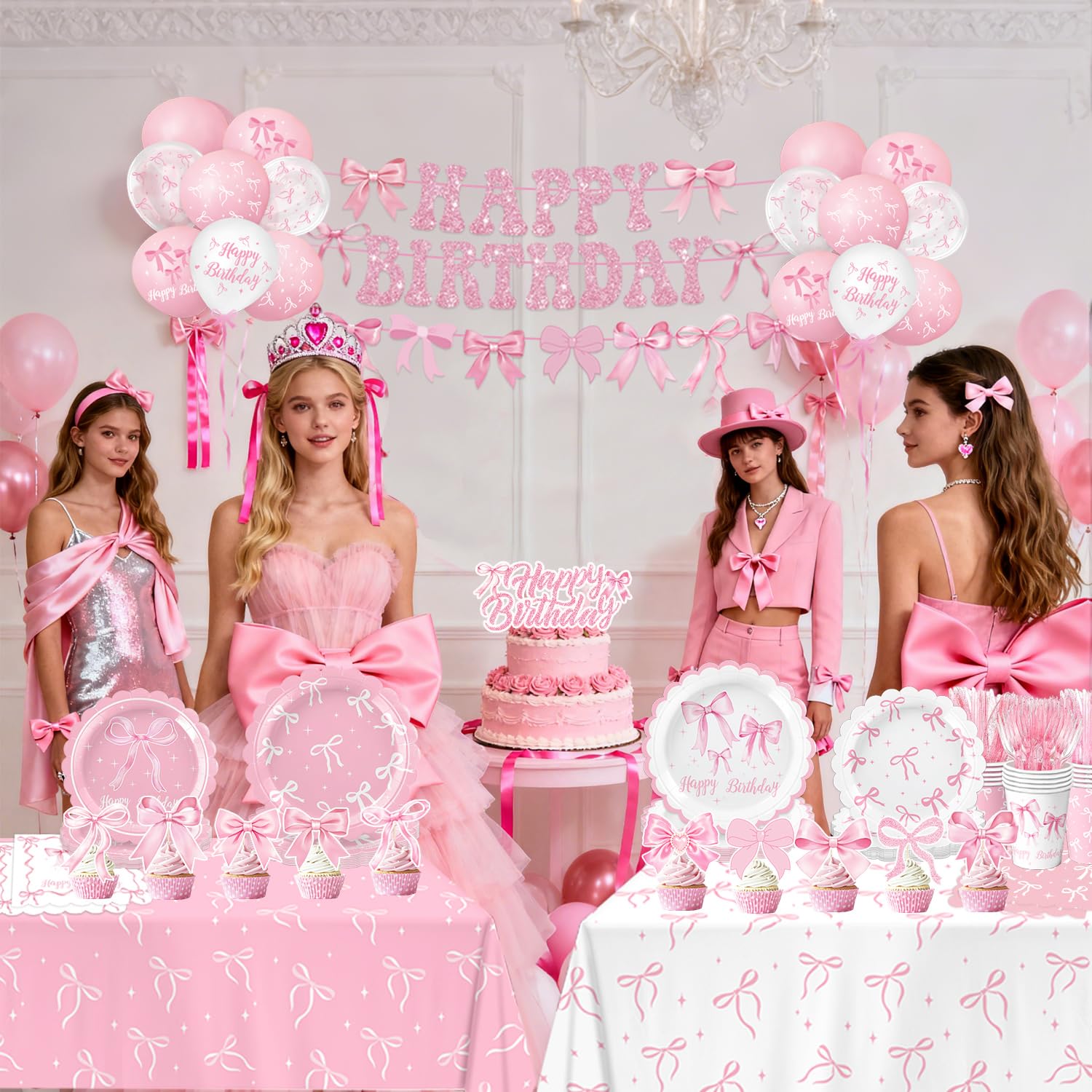 QIYANPAX Pink Bow Tablecloths: protective, stylish coverage for easy cleanups.