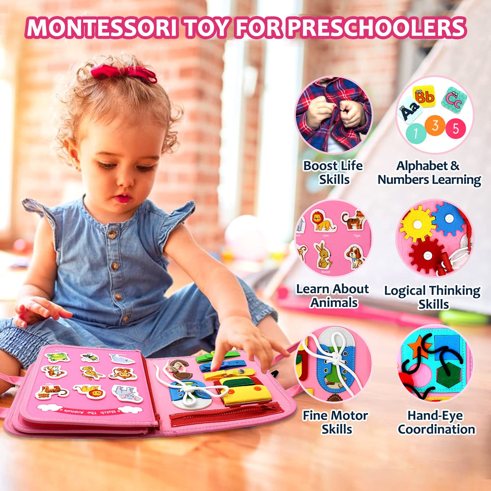 Qizfun Busy Board buttons help toddlers improve hand coordination during quiet play.