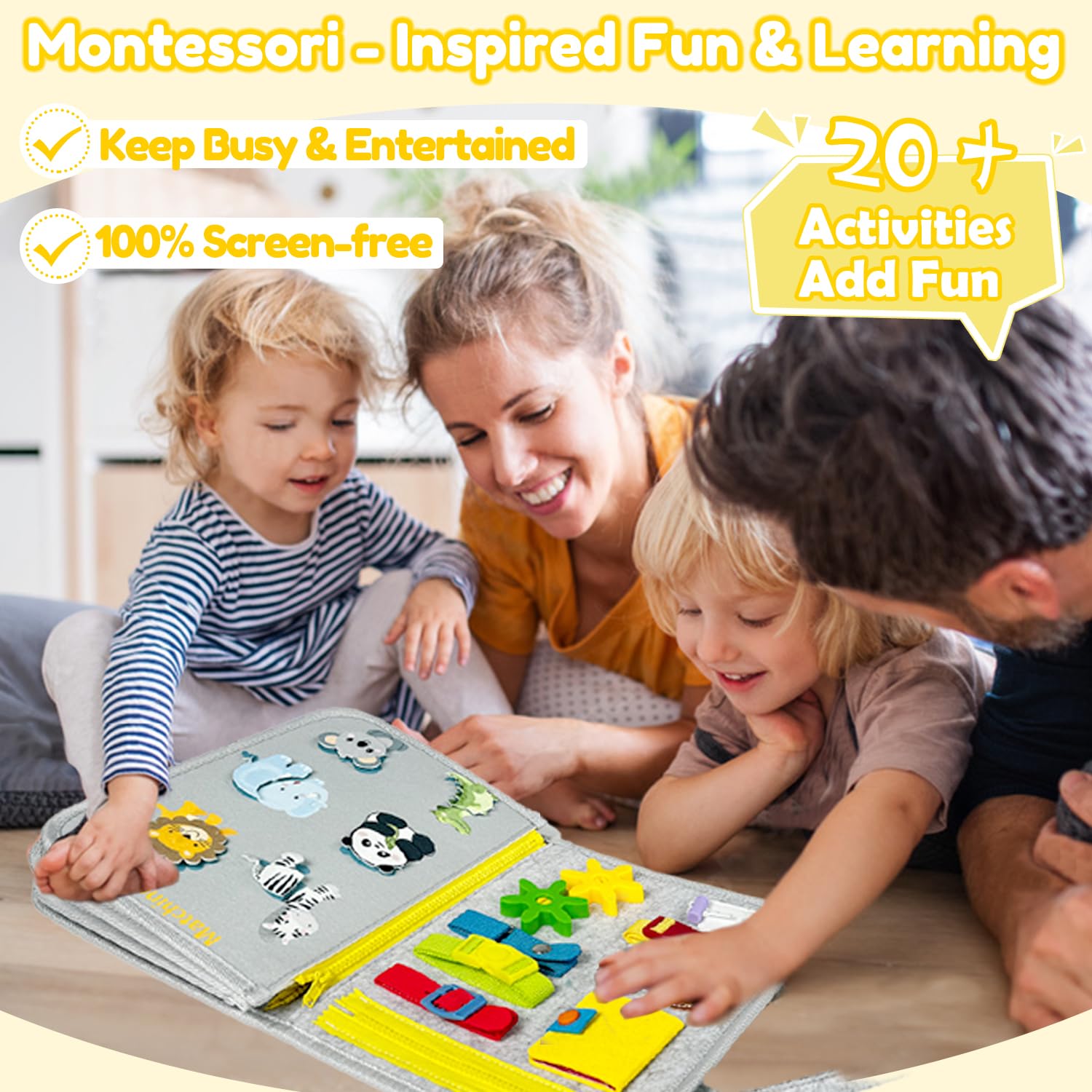 Qizfun Busy Board page showing buttons for fine motor practice