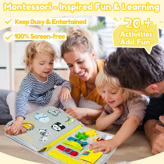 Qizfun Busy Board page showing buttons for fine motor practice