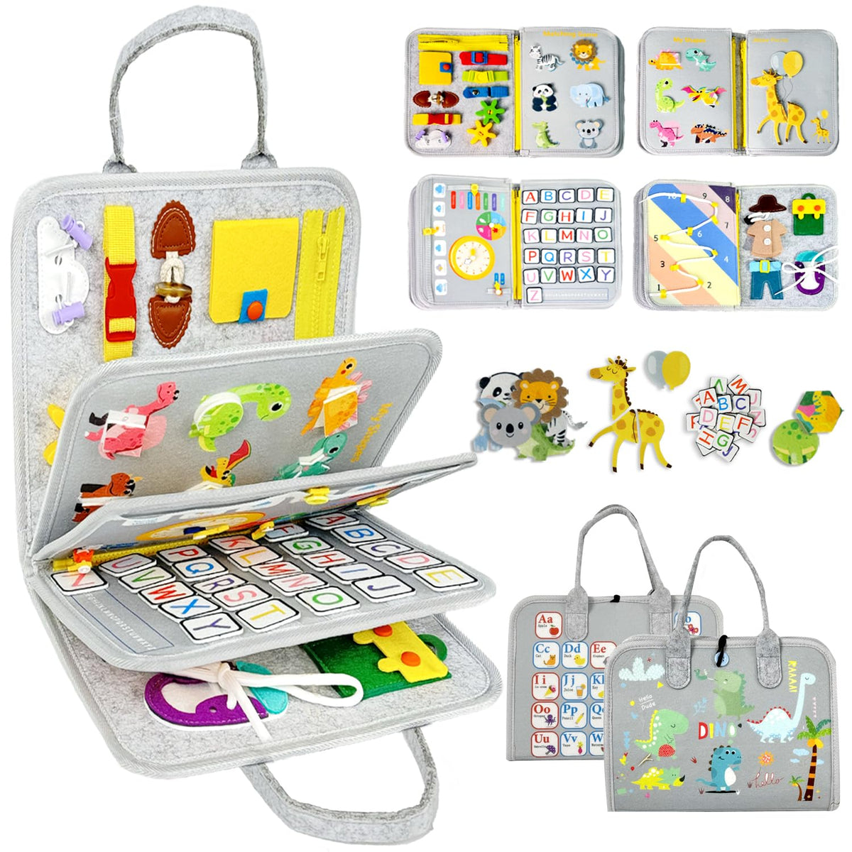 Qizfun Busy Board Dinosaur page with zippers and gears for tactile learning