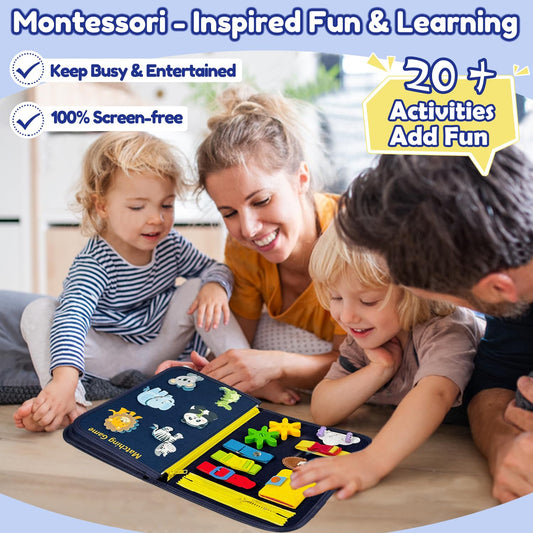 Qizfun Dinosaur Busy Board showing zippers and buttons for fine motor skills